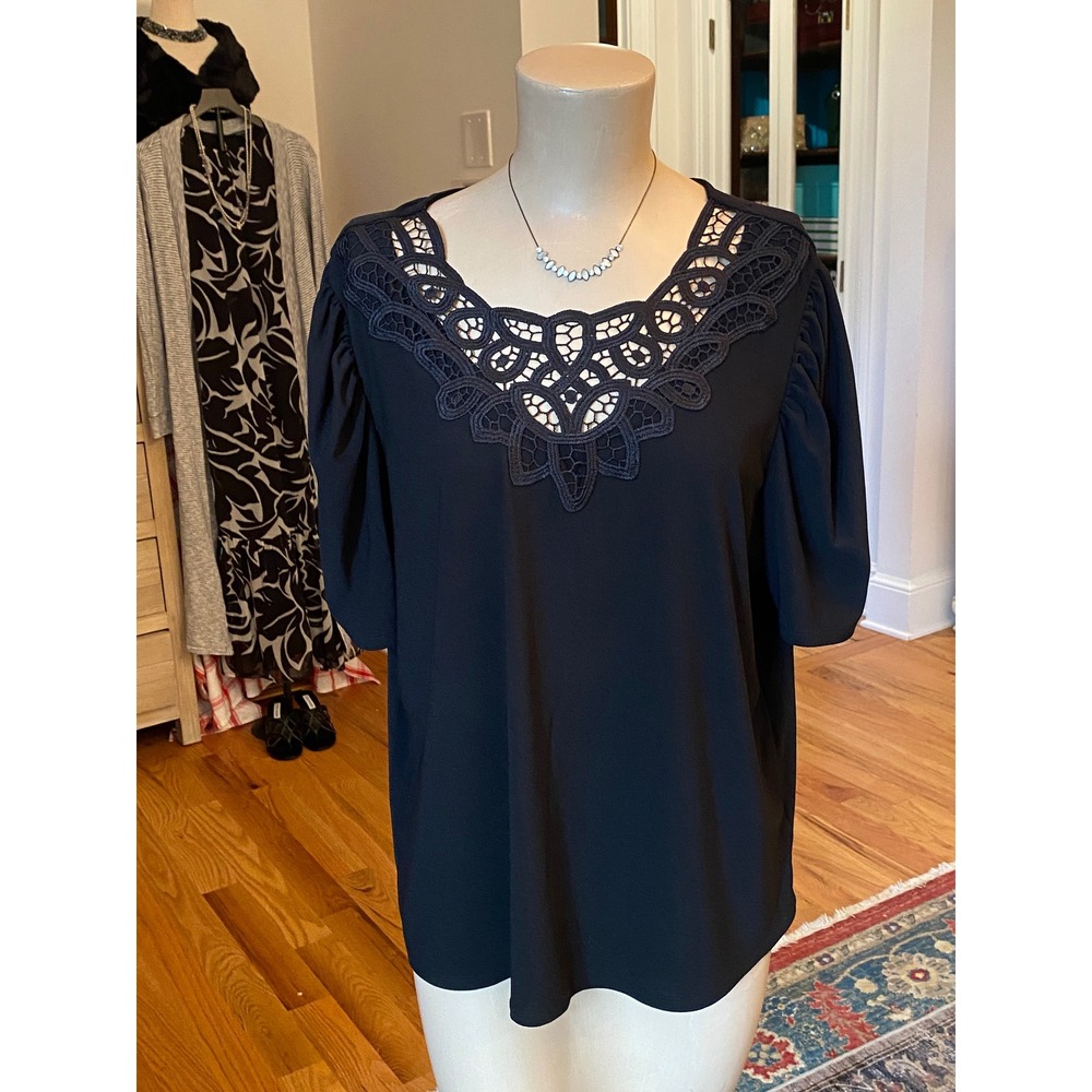 Love Scarlett Black Crochet Lace V-Neck Puff Sleeve Blouse Womens XL Top